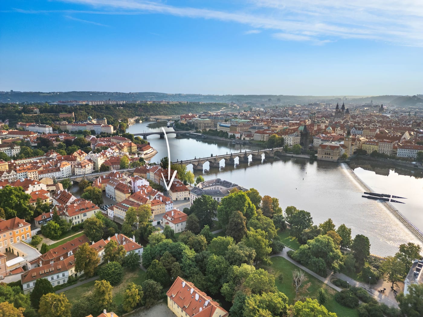 Kampa, the Vltava and Charles Bridge from above, the house marked with an arrow