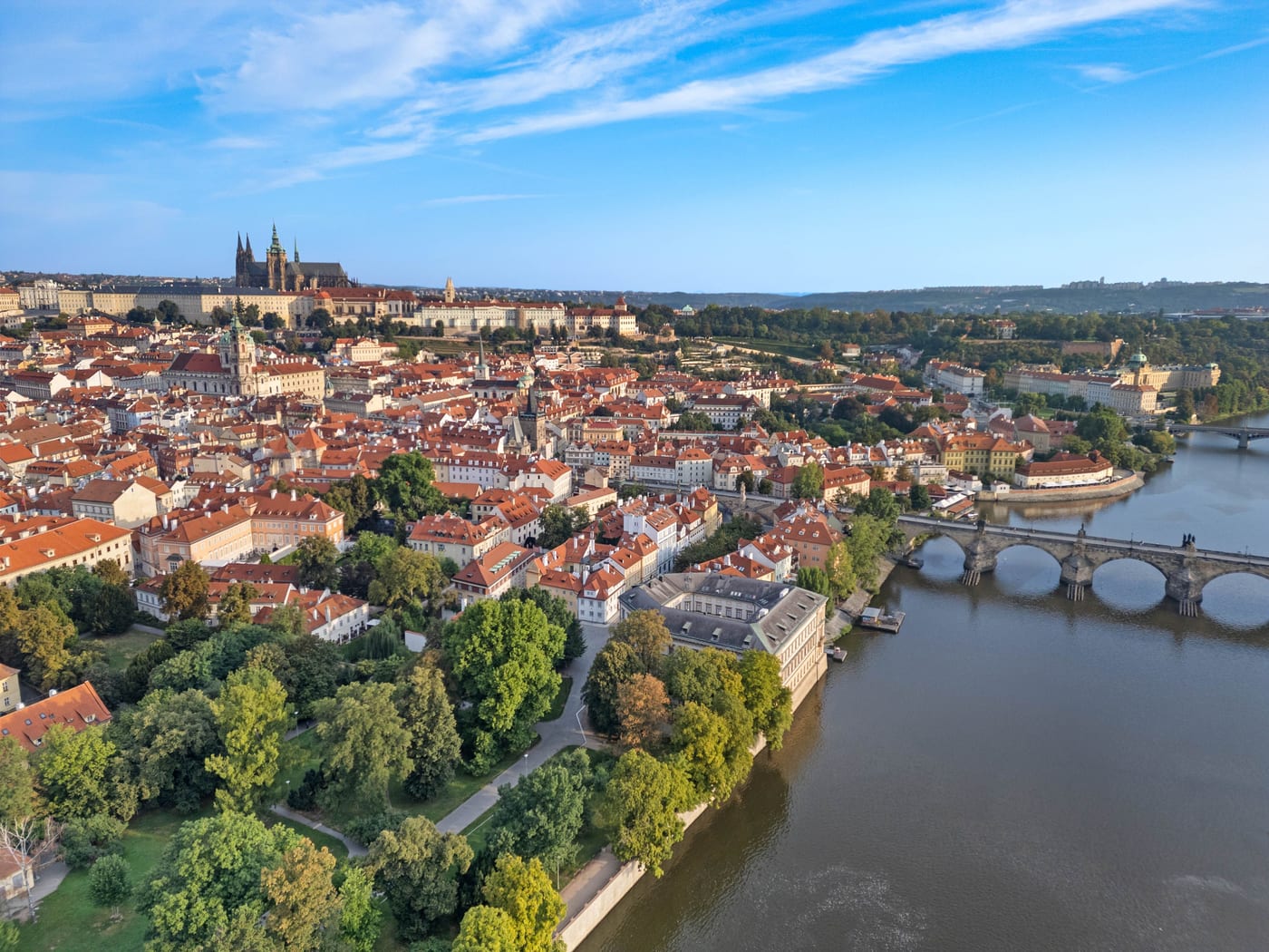 Lesser Town and Prague Castle from above, the house marked with an arrow