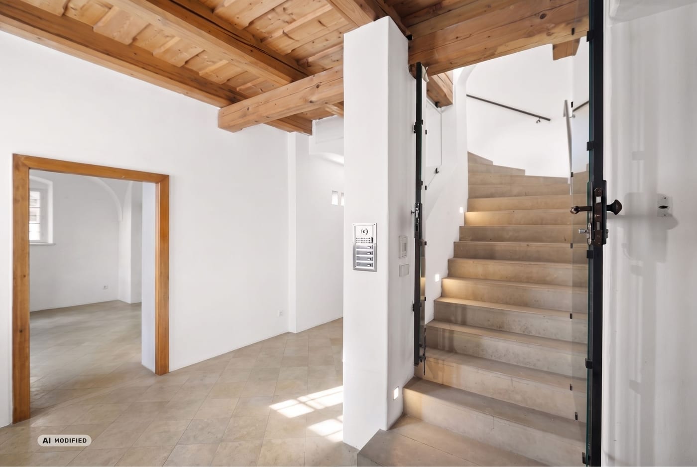 Visualisation of the ground floor: stone staircase under a beamed ceiling