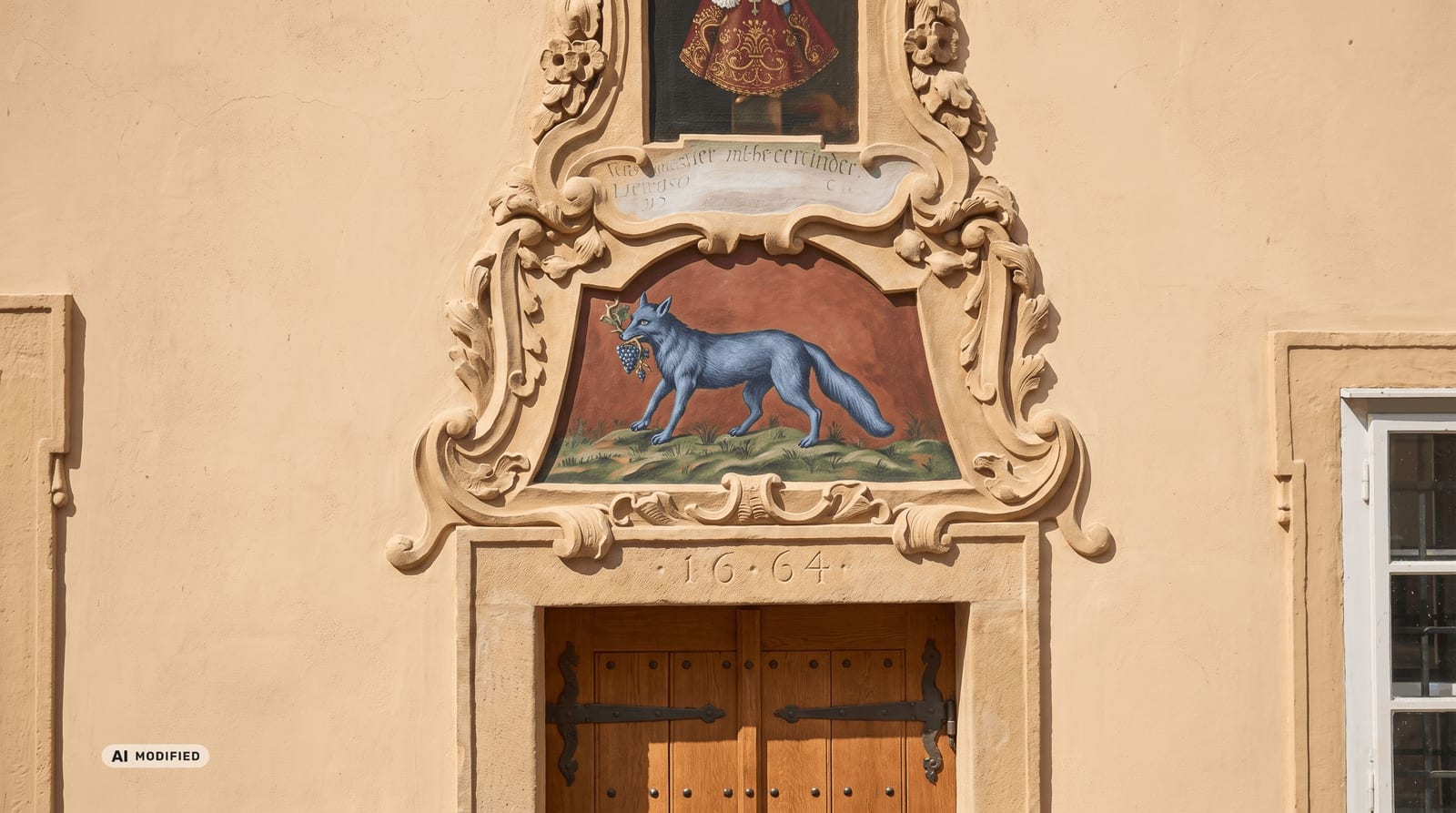 Visualisierung des Portals mit der Kartusche des blauen Fuchses über der Tür